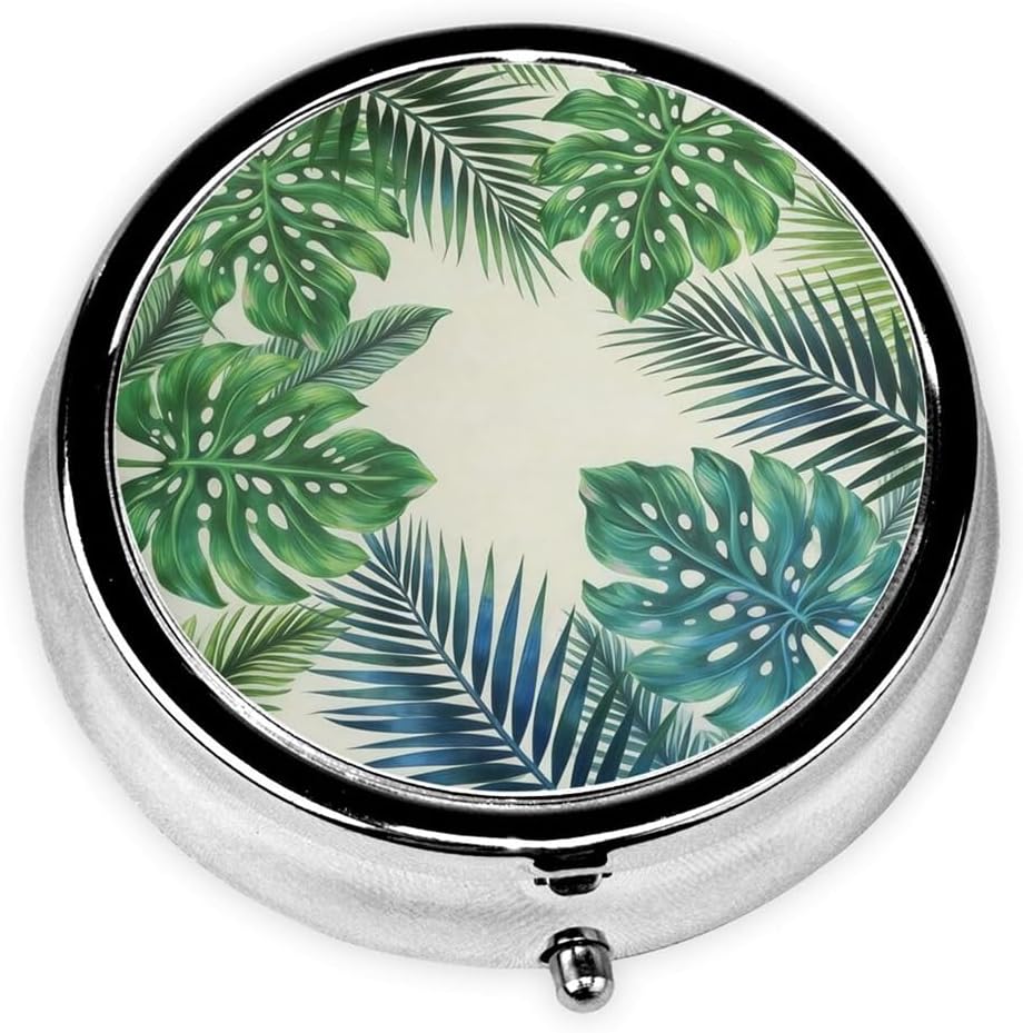 3 Compartment Travel Pill Case, Sealed Portable Pill Container Mini Size Metal Pill Box for Pocket Purse, Three Times a Day Pill Organizer for Children, Woman and Men - Palm Tree