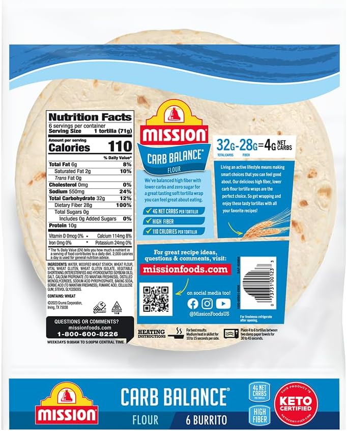Mission Carb Balance Burrito 10" Flour Tortilla 2 Pack | 6 ct., 15 oz. | (12 Tortillas) | Low Carb, Keto Friendly | High Fiber, No Sugar