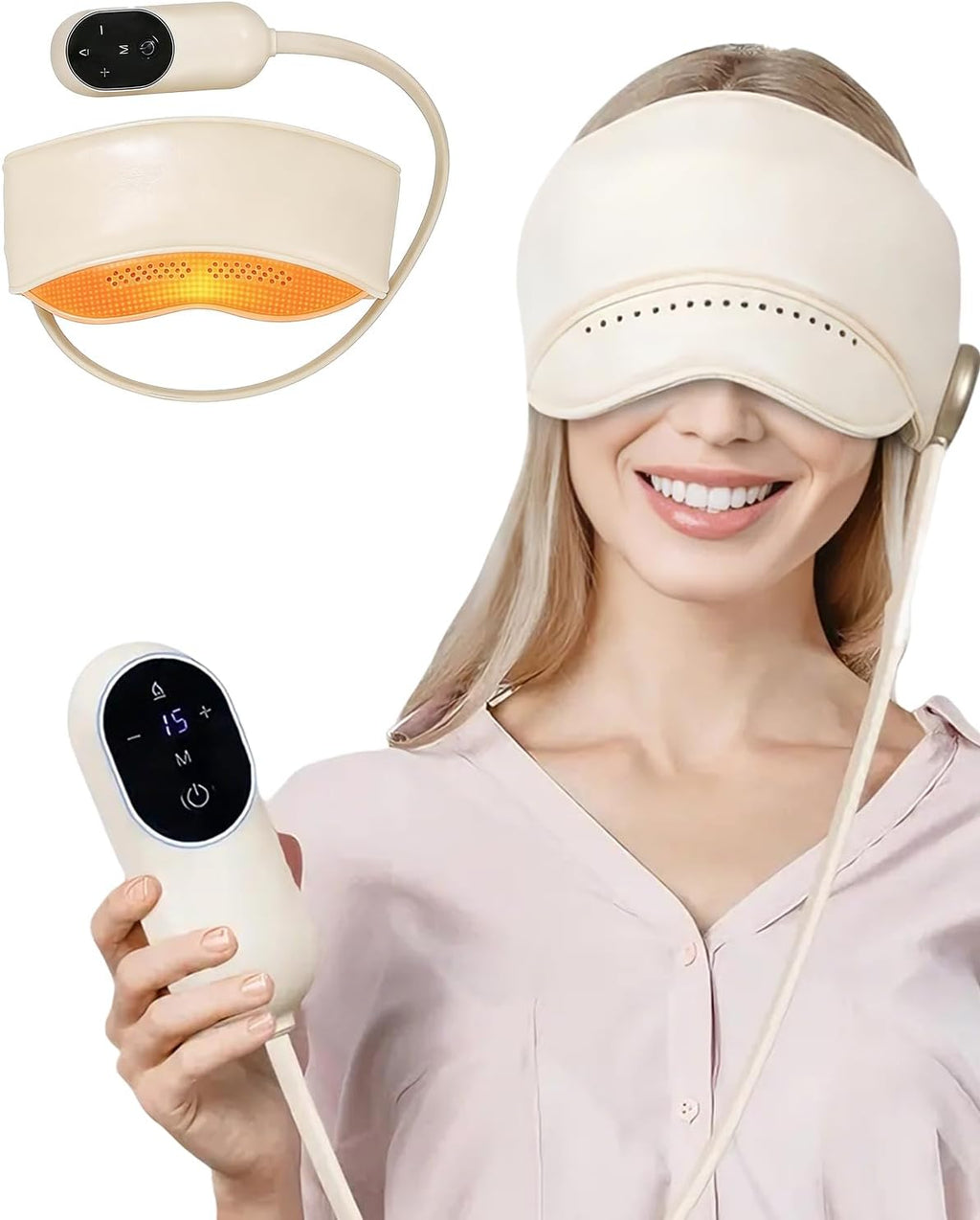 Sleep Mask with Heat,4 Modes 3 Temperature Settings,6 Airbags Compression Head and Eye Massager,Eye Care Device with Remote Control, Portable Relaxation for Home Travel Office Use (Creamy White)