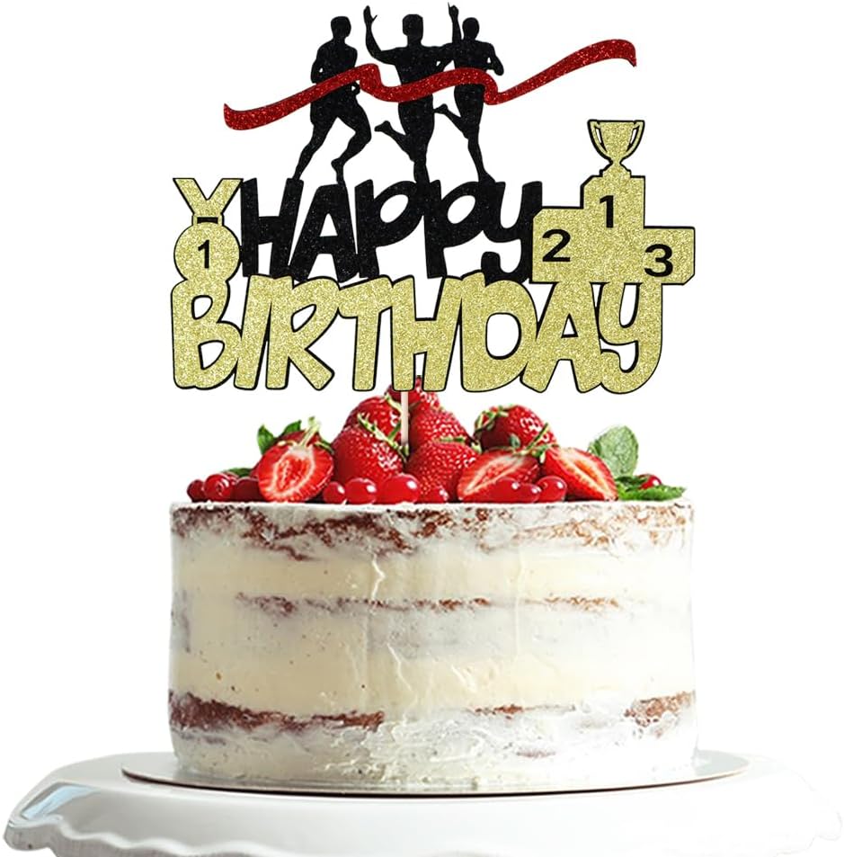 Black gold Sports Marathon Happy Birthday Cake Topper - Marathon Running Birthday Party Supplies - Cross Country Party Cake Topper Decoration For Female Male