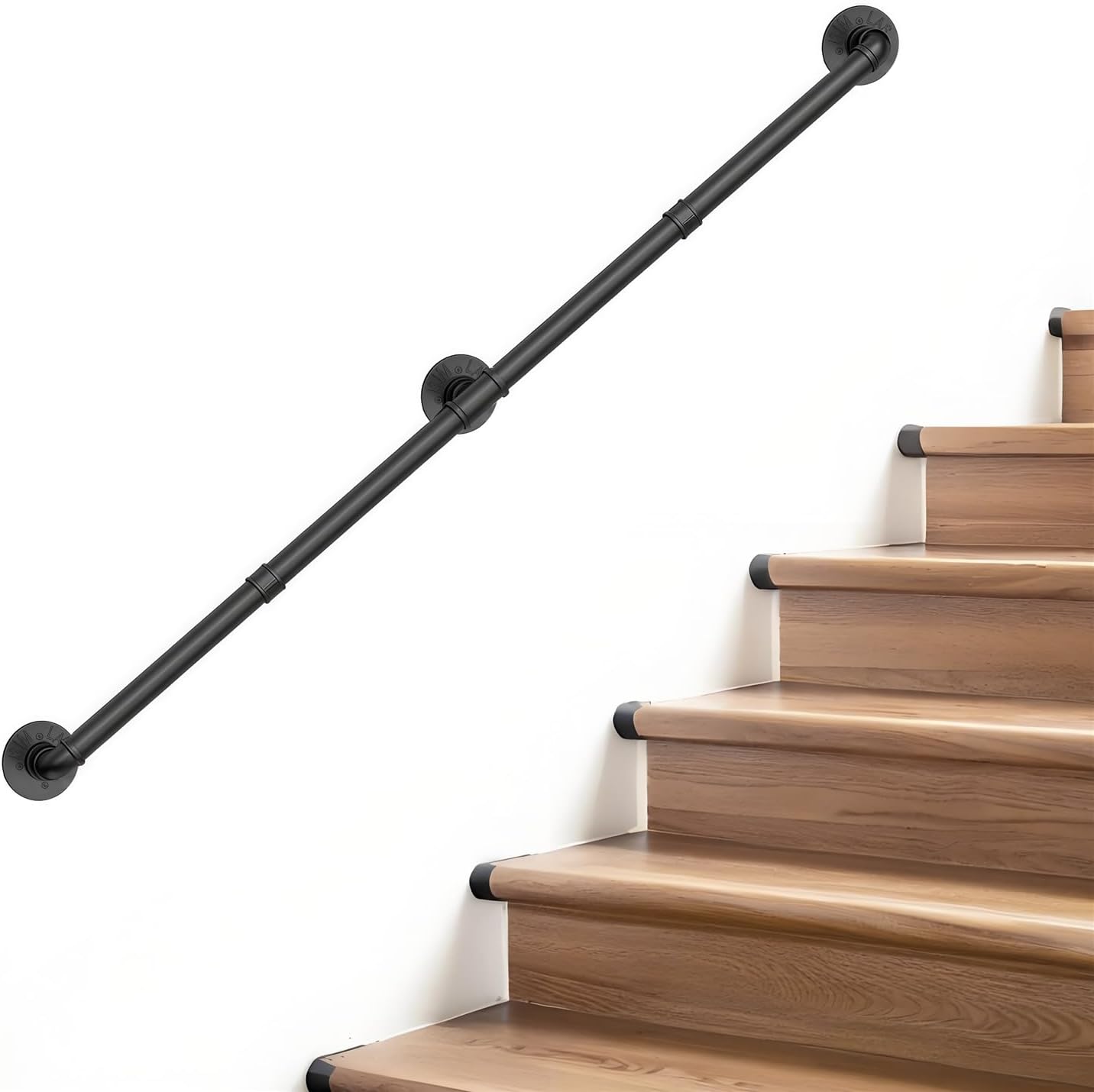 Industrial Pipe Stair Handrail, Wall Mount Metal Hand Rail for Indoor & Outdoor Steps,Grab Bars for Steps,Wall Stair Railing,Safety Handle,Steps Baluster (5FT,Black)