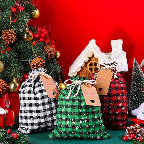 Shappy 24 Pcs Christmas Drawstring Gift Bags Xmas Buffalo Plaid Burlap Advent Bags 10 x 8 Inches Linen Treat Candy Bag with 32.8 ft Rope 24 Card(Mixed Colors with Snowflake)