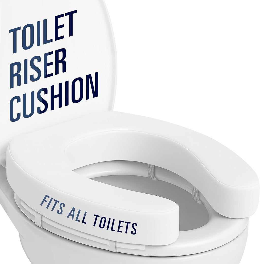 Vive Toilet Seat Riser Cushion for Seniors - Universal Fit - Raised Toilet Seat with High-Density Foam for Elongated & Standard - Firm Handle, Cushioned & Padded - Elevated Medical Handicap Lifter