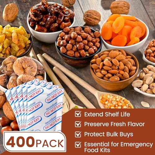 400 Counts 500cc Food Grade Oxygen Absorbers, 10 Individually Vacuum Sealed Packs with Oxygen Indicator, Oxygen Absorber Packets for Long Term Storage in Mylar Bag,Canning Jars, Freeze Dryer Storage