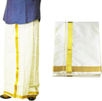 Cotton Dhoti Vesti Mundu Cream Color Double Layer with golden zari border for Religious Occasion Wedding New Year Temple Puja Rituals Housewarming and Gifting (4 Mtrs)