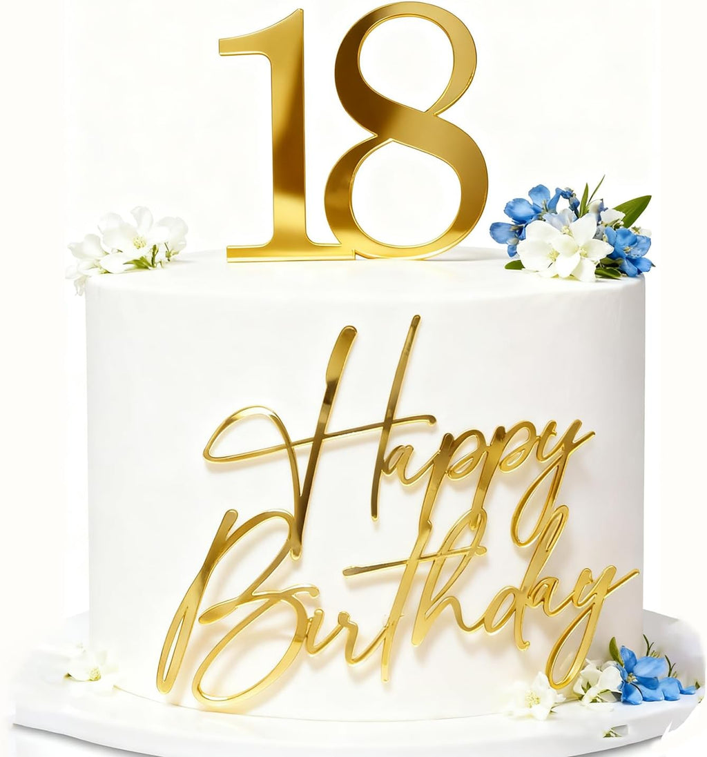 2PCS Happy Birthday 18 Cake Topper, Acrylic Gold Happy 18th Birthday Cake Decoration Cheers to 18 Years Cake Pick Eighteen Hello 18 Fabulous Cake Sign for Party Supplies