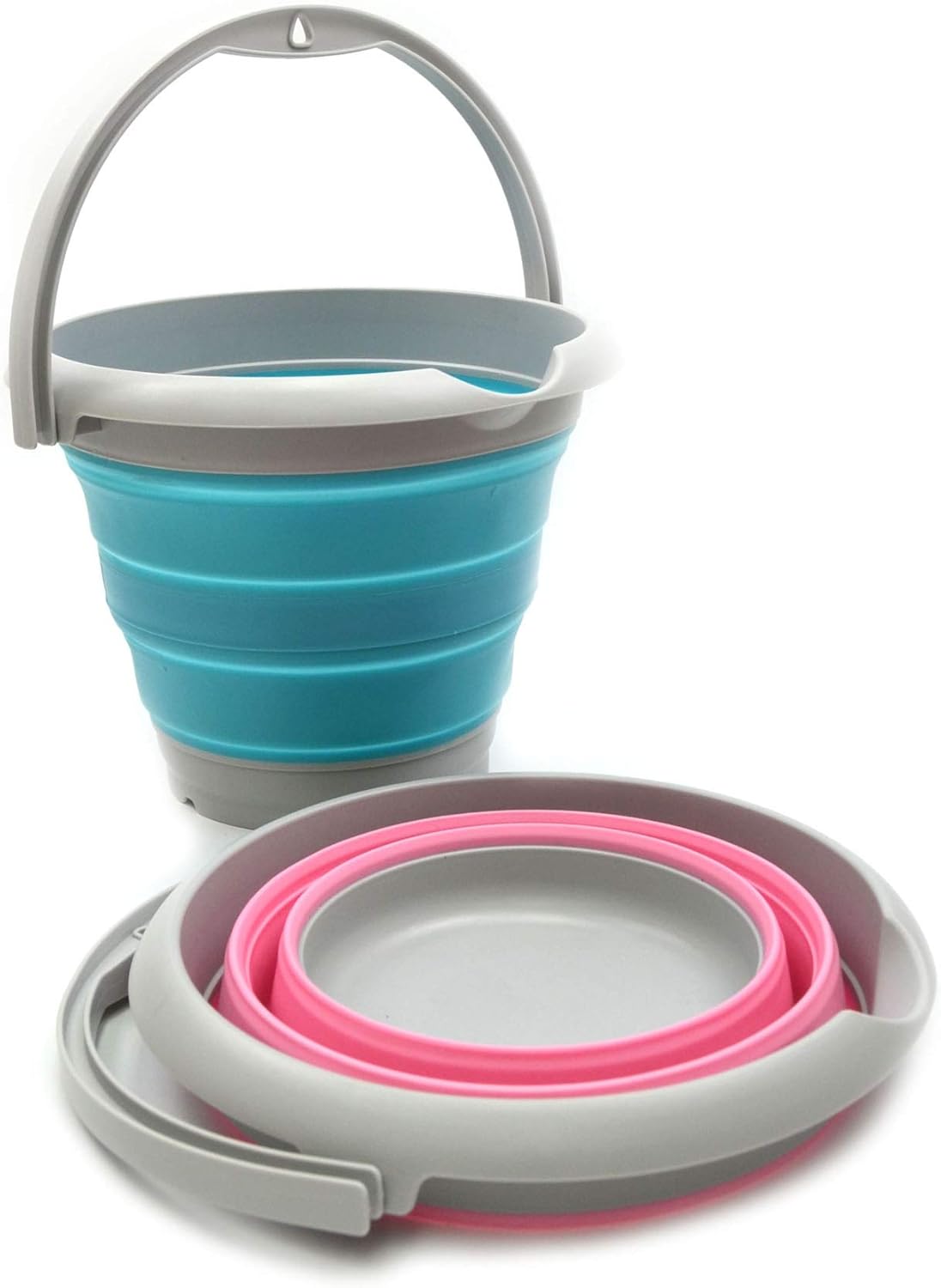 SAMMART Set of 2-5L / 1.32 Gallon Collapsible Plastic Bucket - Foldable Round Tub - Portable Fishing Water Pail - Space Saving Outdoor Waterpot (5L Round Set of 2, Bright Blue + Pink)