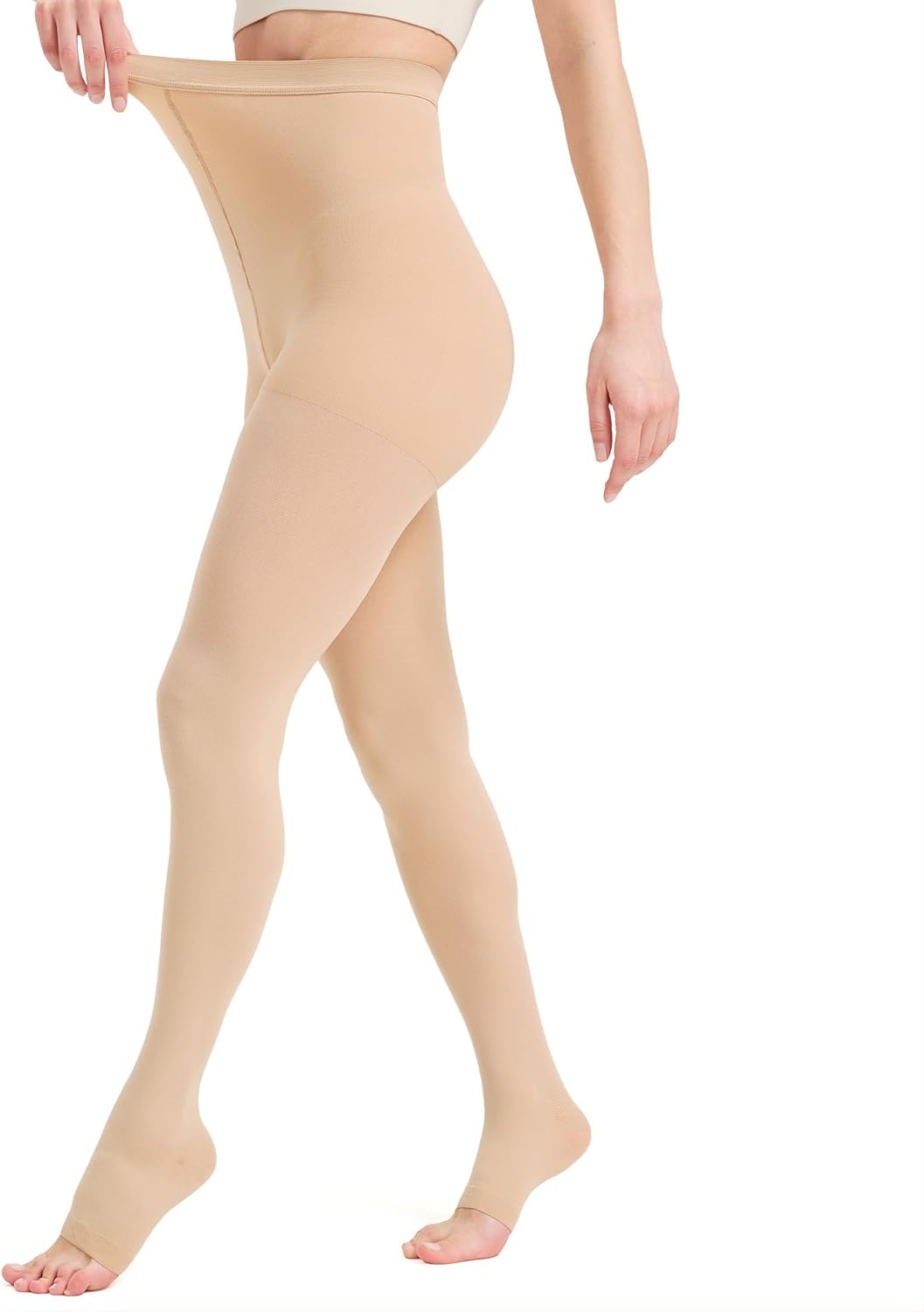 KEKING Medical Compression Pantyhose for Women & Men, Comfort 15-20 mmHg Graduated Compression Support Stockings, Open Toe Compression Tights for Varicose Veins, Edema, Flight, Beige XL