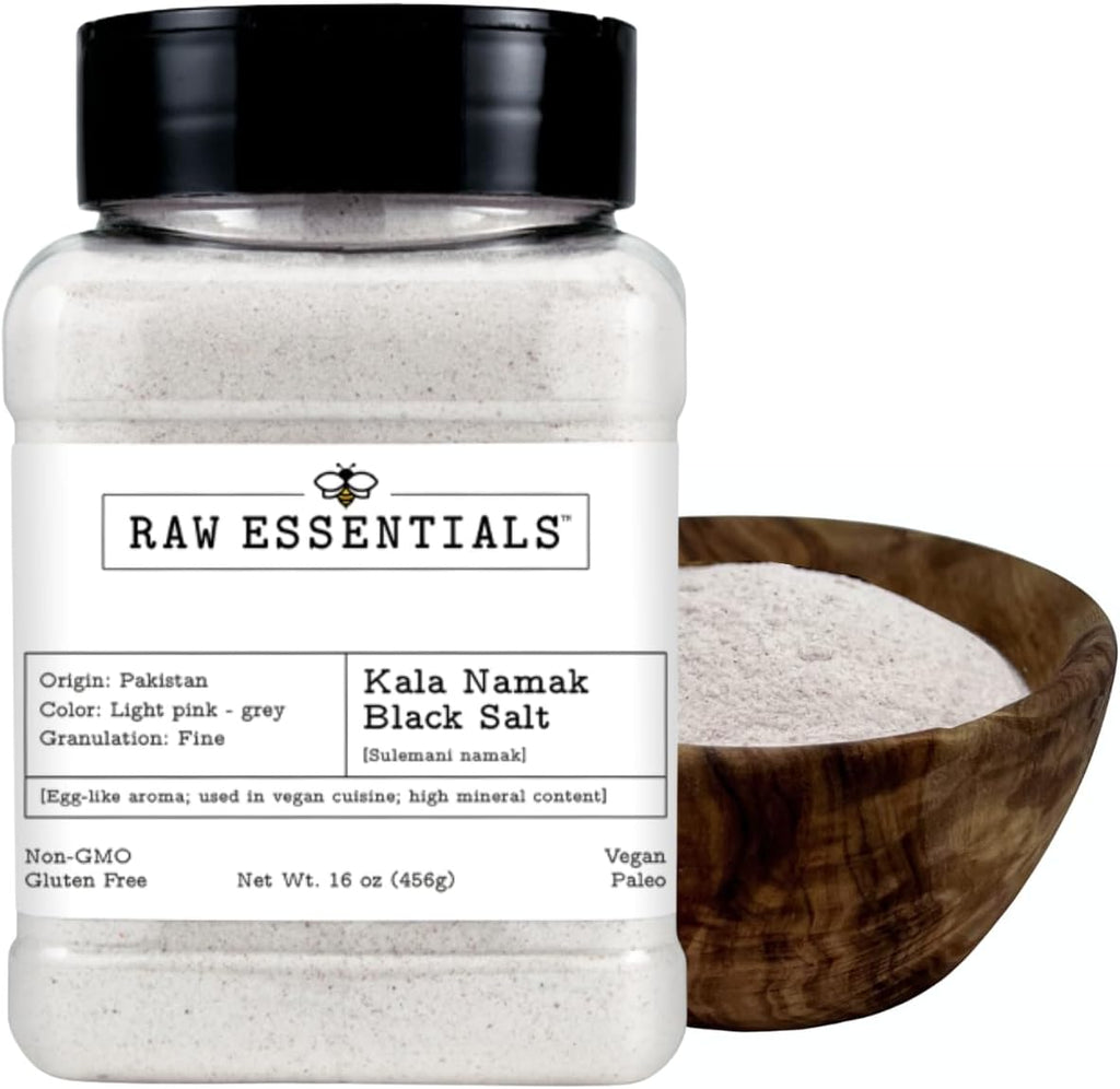Raw Essentials Kala Namak Black Salt Powder | Fine Mineral-Rich Salt with Egg-Like Aroma and Flavor for Vegan Cooking, Non-GMO, Gluten-Free, and Paleo-Friendly | 16 Ounce Bottle