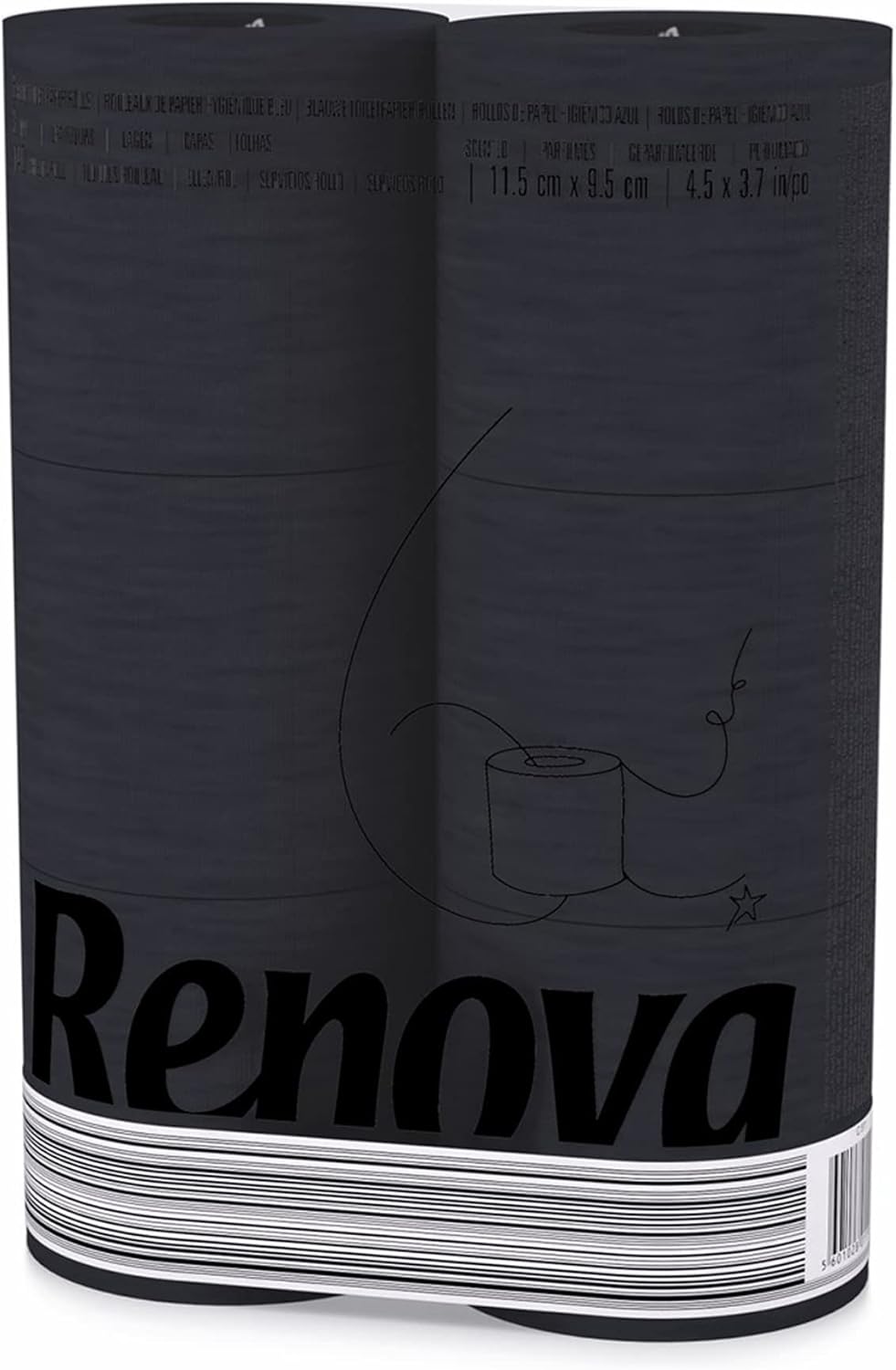 Renova Black Toilet Paper 3-Ply -Ideal for Decorating Your Home or Office - Pack of 6 Compact Rolls- 140 Sheets - Eco-label Certified - Dermatologically Tested - Septic Safe - Sustainable & Soft
