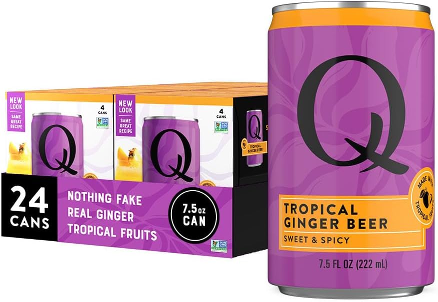 Q TROPICAL GINGER BEER with Real Ginger, Tropical Fruits & Organic Agave - Ideal for Cocktails & Mocktails - Real Ingredients & Perfectly Carbonated - 90 Calories per Can - 7.5 Fl Oz Cans (Pack of 24)