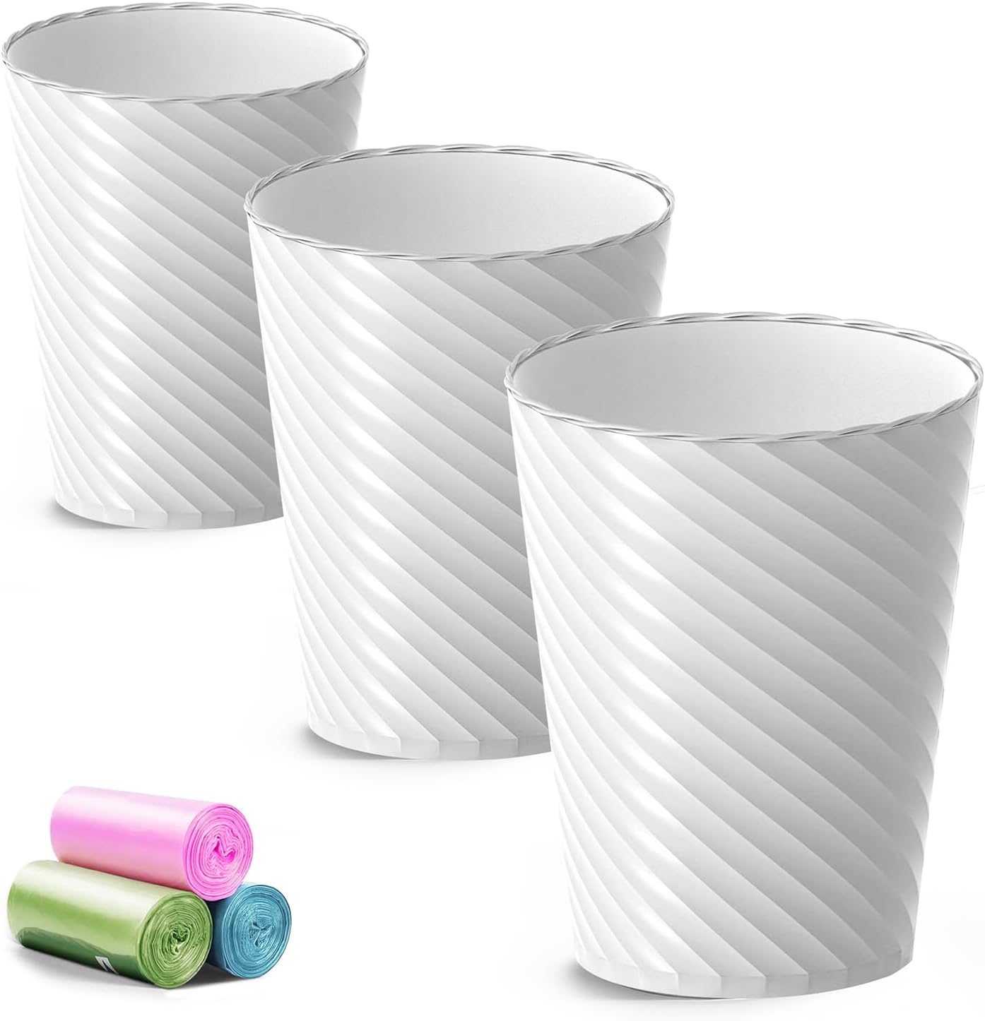 Bathroom Trash Can, 3 Pack 1.8 Gallons Small Trash Can with Trash Bags, Bathroom Garbage Can, Plastic Trash Bin, Round Waste Basket for Living Room, Bedroom, Office, Kitchen, Compact Space (White)