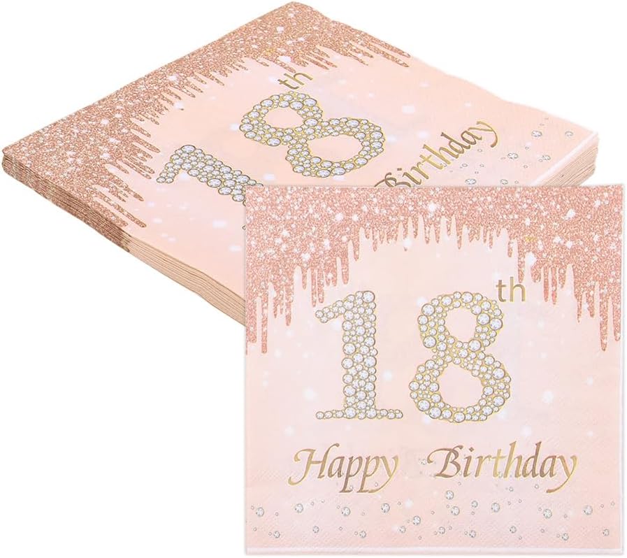 Happy 18th Birthday Napkins for Girls 18th Birthday Decorations Rose Gold and Pink Disposable Paper Cocktail Napkins for 18 Year Old Girl Bday Party Decoration