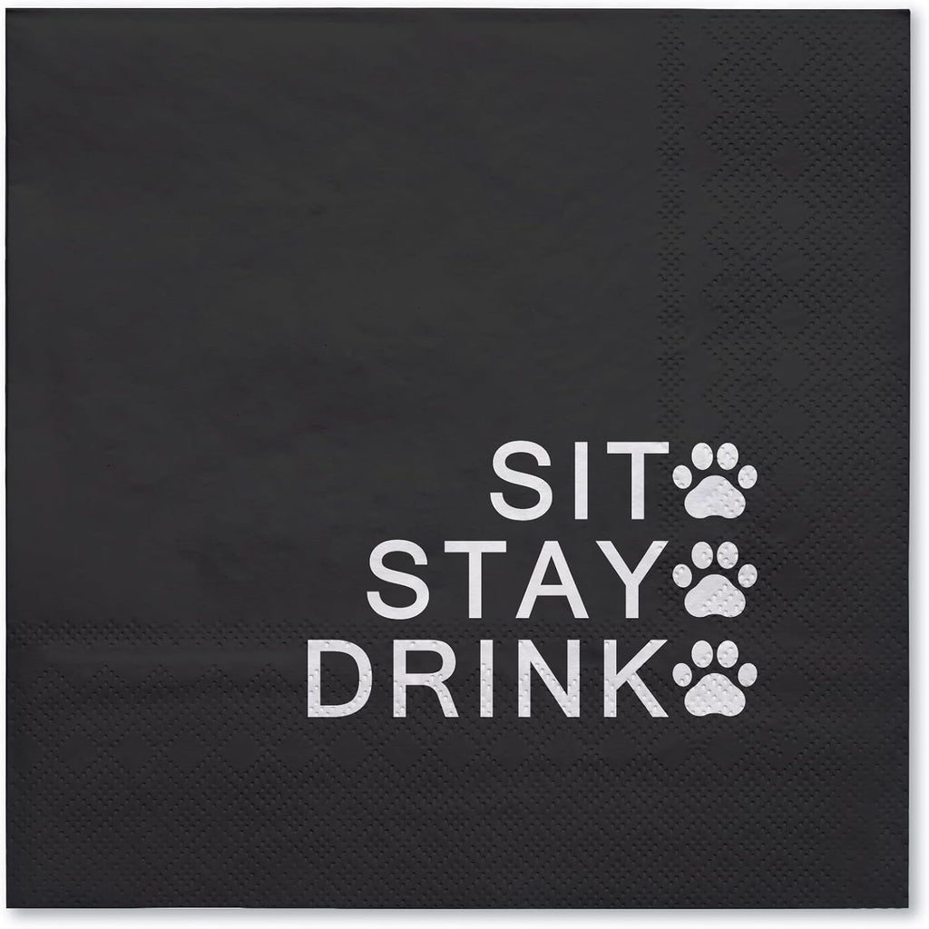 WRAPAHOLIC 50Pcs Dog Paw Napkins - 3-Ply Disposable Paper Cocktail Napkin for Puppy Party Supplies Tableware, Black with White Letter & Dog Paw - 5 x 5 In