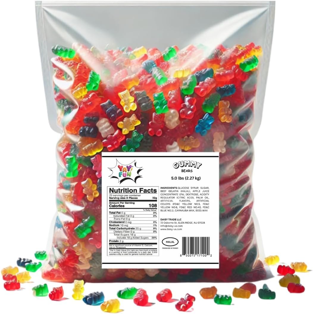 Halal Gummy Bears - 5lbs Bulk Gluten Free Candy Variety Pack, Halal Candy, Gummy in Bulk, Fun Snacks, Fruit Snacks - Perfect for Parties and Events - Delicious and Chewy Treats for All Ages
