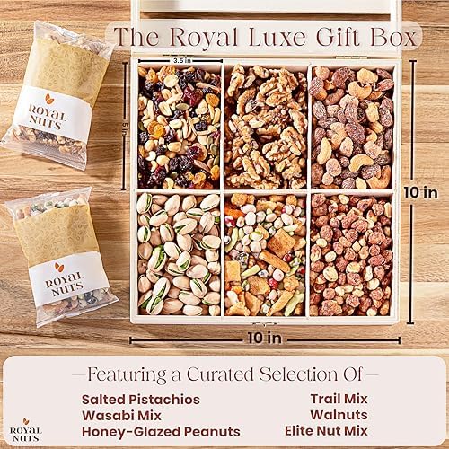 Royal Nuts Gift Basket – Gourmet Mixed & Assorted Nuts in Reusable Wooden Crate | Deluxe Holiday Food & Nut Gift Box for Dad, Grandpa, Adults & Family - Kosher, Healthy Gift Baskets