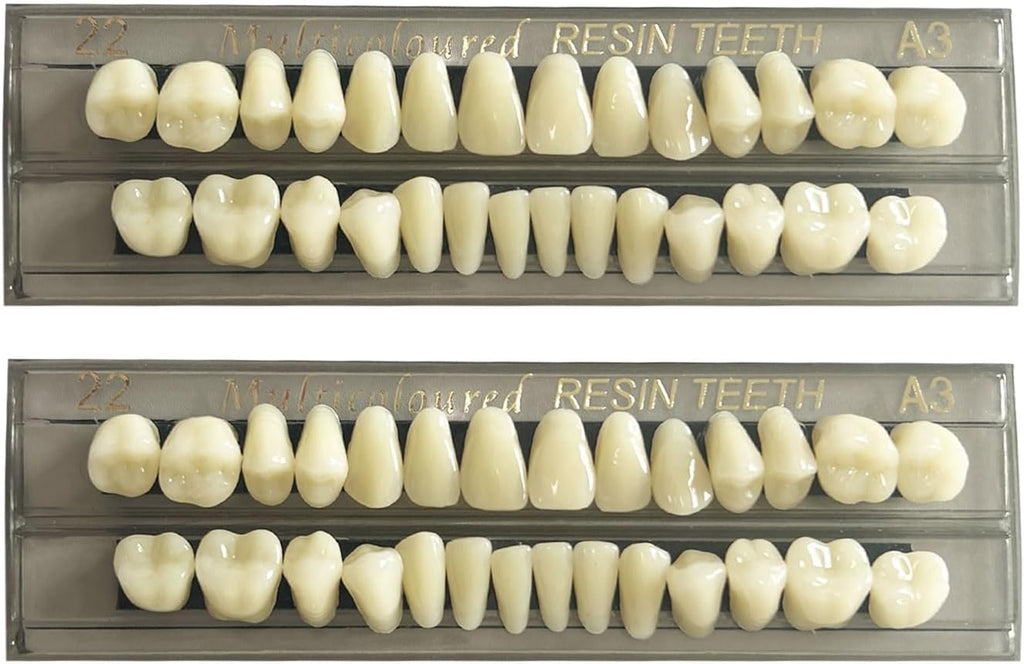 56 Pcs False Teeth Fake Teeth 2 Sets Synthetic Resin Dental Tooth, Upper Lower Denture Tooth, Party Horror Prop Makeup DIY Replacement, 22 A3
