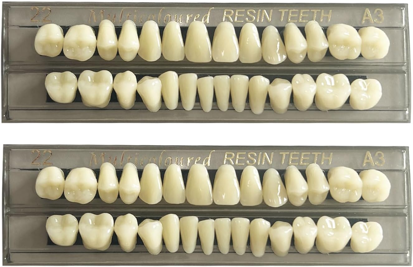 56 Pcs False Teeth Fake Teeth 2 Sets Synthetic Resin Dental Tooth, Upper Lower Denture Tooth, Party Horror Prop Makeup DIY Replacement, 22 A3
