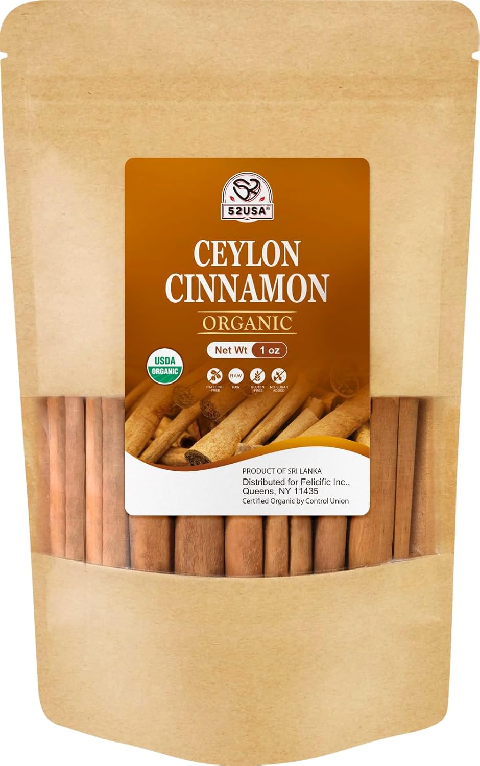 52USA Organic Ceylon Cinnamon Sticks 1 oz, Ceylon Cinnamon Stick Organic, Ceylon Ground Cinnamon farmed in Sri Lanka, Non-GMO, Cinnamon for Coffee, Baking, Cooking and Beverages