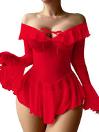 Sexy Lingerie for Women Rave Outfits Clubwear See Through Lingerie Sets Bell Sleeve Ruffle Mesh Tops