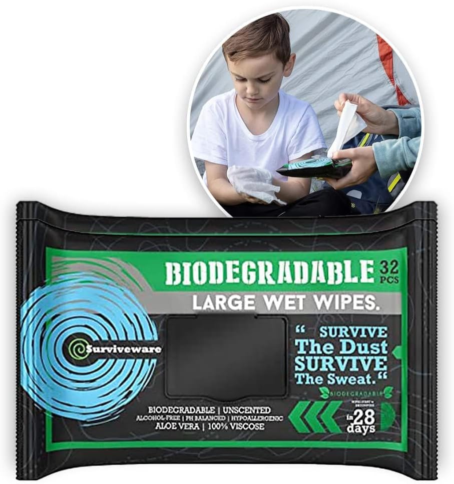 Surviveware Biodegradable Wipes Men or Women - Shower Wet Wipes Face, Body & Butt - Outdoors, Travel, Camping & Post Workout - Total of 32 Wipes - 32 Count, Pack of 1