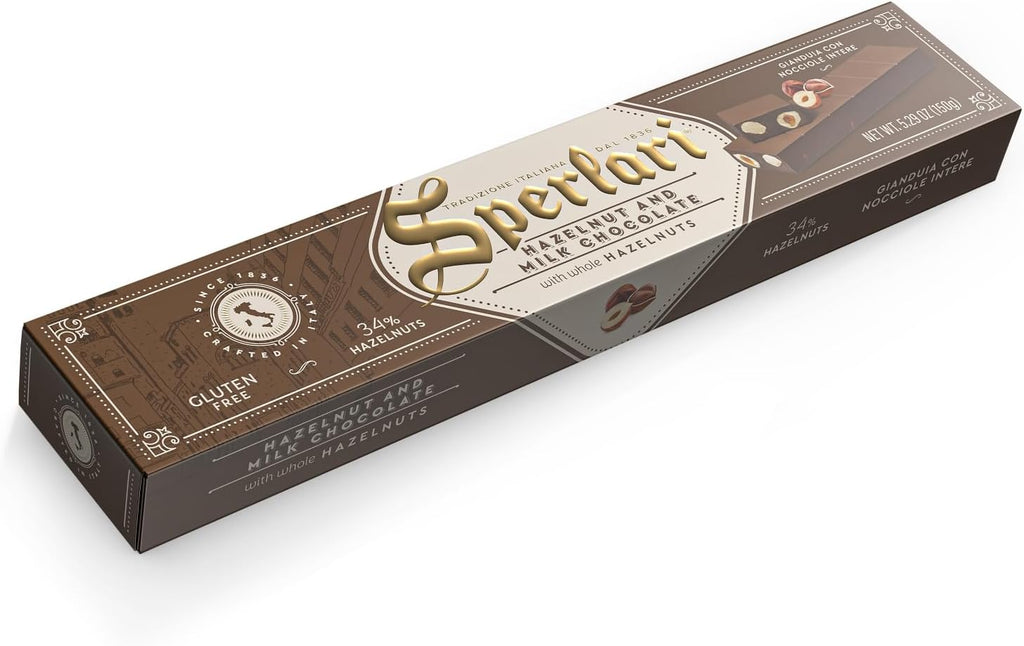 Sperlari Milk Chocolate & Hazelnuts - Soft Nougat and Nuts Chocolate Candy Bar - Holiday Sweet Treat Traditional Italian Candy - Chocolates For Gifting - 5.29oz (150g) 1 Pack