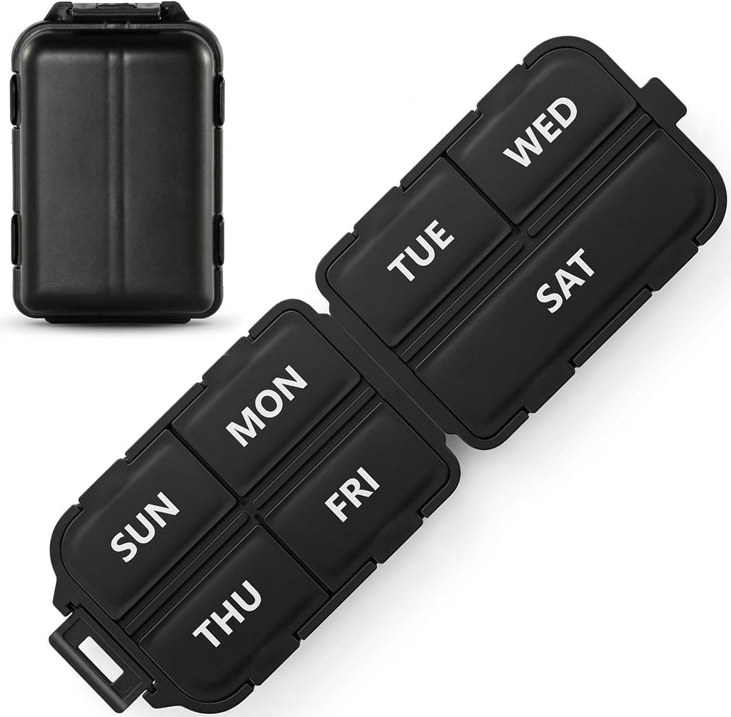 7 Day Compact Pill Organizer, Foldable Portable Travel Pill Box with Double Protection, Daily Small Pill Case Dispenser for Medication, Vitamins, Supplements (Black)