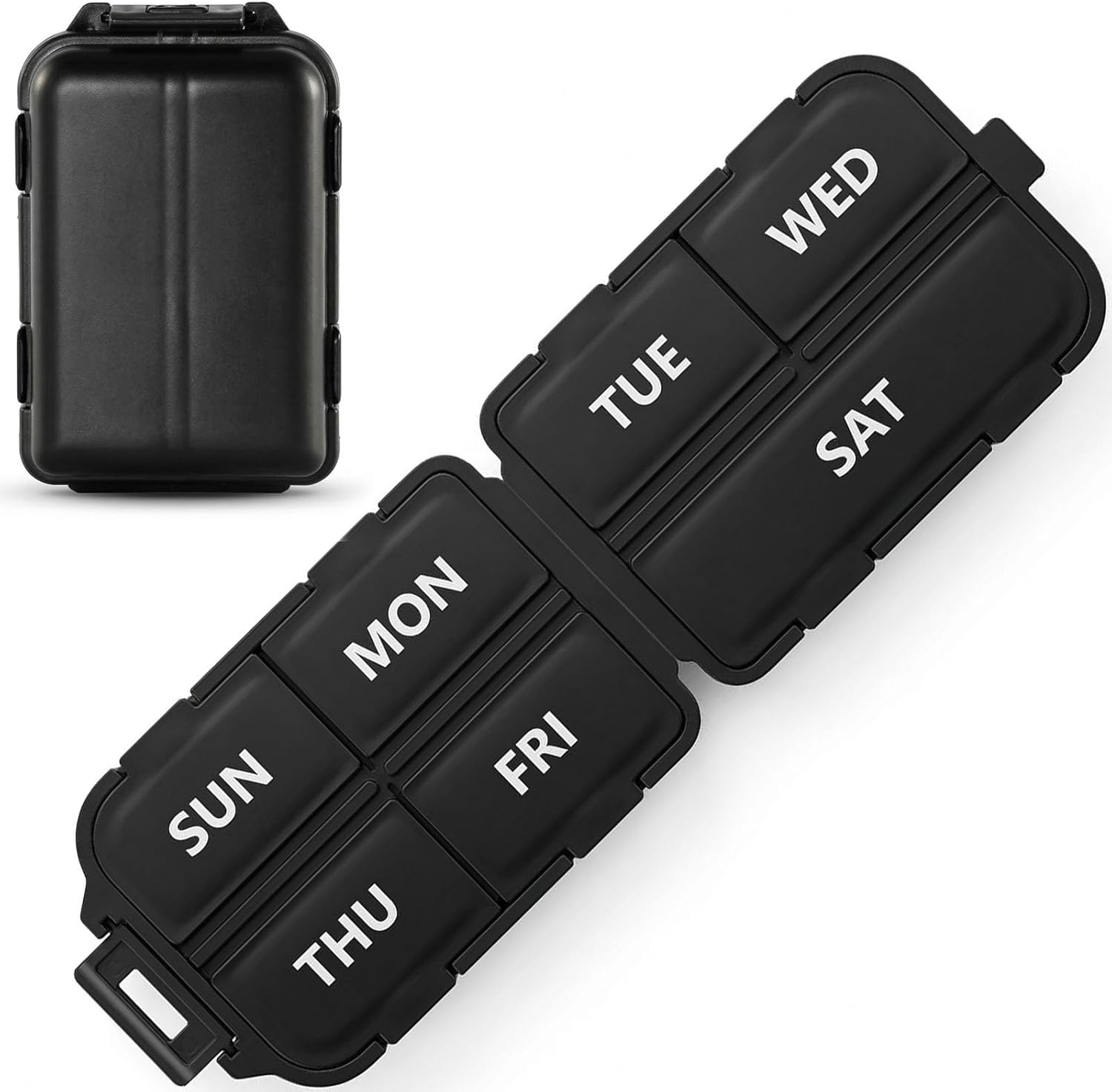 7 Day Compact Pill Organizer, Foldable Portable Travel Pill Box with Double Protection, Daily Small Pill Case Dispenser for Medication, Vitamins, Supplements (Black)