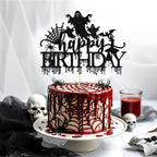 Halloween Happy Birthday Cake Topper,Spooky Haunted House Black Glitter Cake Supplies,Spider Bat Creepy Scary Halloween Themed Birthday Party Decorations for Kids/Adult