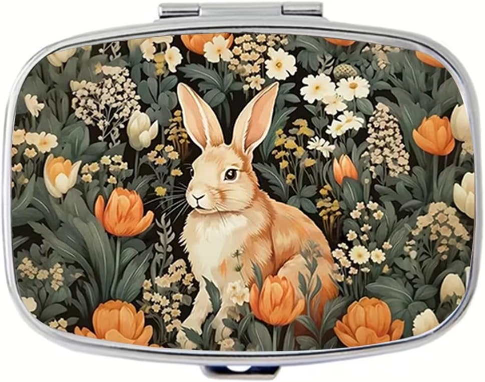 Bunny Pill Box 2 Compartment Small Pill Case for Purse & Pocket Travel Portable Metal Medicine Box to Hold Vitamins Medication Fish Oil Supplements for Women Men (YH3870)