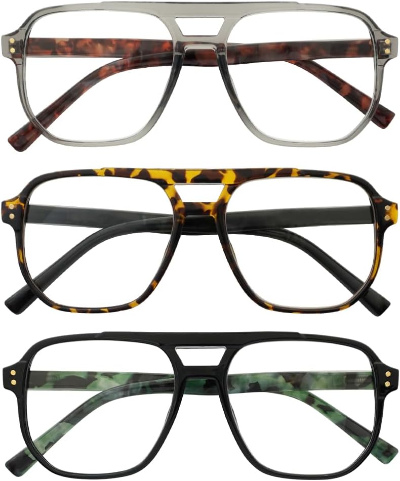 Oversized Aviator Reading Glasses Men with Blue Light Blocking, 3 Pack Retro Reading Glasses Computer Readers Men