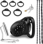 Male Chastity Cock Cage Sex Toy for Men, Zhelorinx Chastity Device with 5 Size Ring and 3 Size Urethral Sounds Beads Plug, Breathable Lightweight Penis Erection Lock and Silicone Urethra Rod