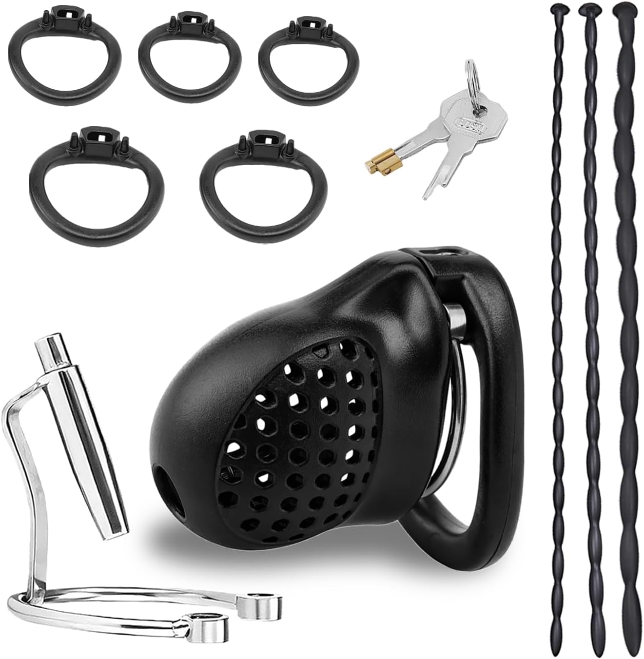 Male Chastity Cock Cage Sex Toy for Men, Zhelorinx Chastity Device with 5 Size Ring and 3 Size Urethral Sounds Beads Plug, Breathable Lightweight Penis Erection Lock and Silicone Urethra Rod