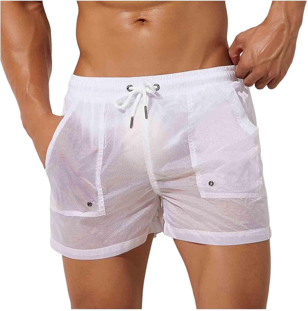 Cambkatl Sexy See-Through Swim Trunks for Men Elastic Waist Summer Beach Shorts Low Waist Bathing Suit Swimwear with Pockets