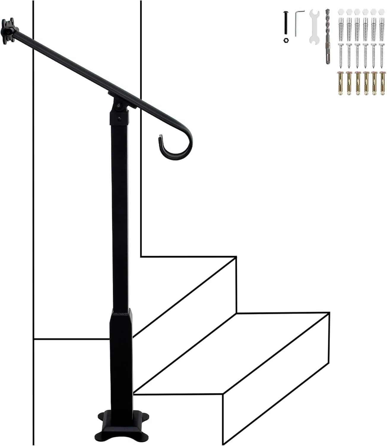 Stair Handrail Wrought Iron, Step Handrail Safety Non-Slip and Rust Resistant, Wall-to-Floor Mounted Handrail Fits 1-2 Steps for Indoor or Outdoor Stairs