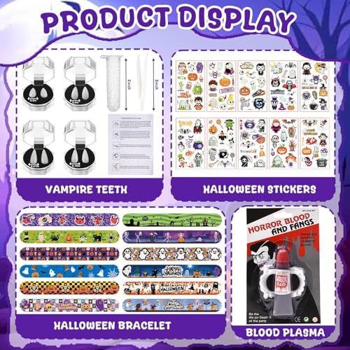 Simple polymer 28Pcs Halloween Vampire Teeth Fake Blood Makeup Set 5 Pairs Vampire Fangs Halloween Slap Bracelets for Props Party Favors Accessories