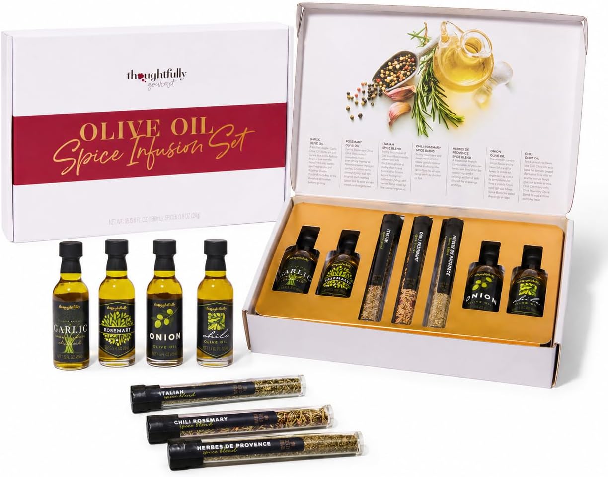 Thoughtfully Gourmet, Olive Oil Spice Infusion Gift Set, Premium Cold Pressed Extra-Virgin Olive Oil from Spain, Includes 4 Flavored Olive Oils and 3 Flavorful Spice Infusion Blends, Set of 7