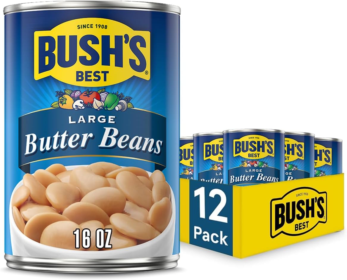 BUSH'S BEST 16 oz Canned Large Butter Beans, Source of Plant Based Protein and Fiber, Low Fat, Gluten Free, (Pack of 12)