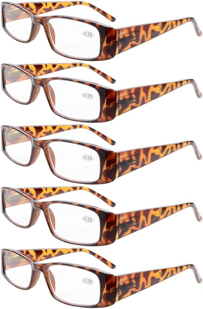 Eyekepper 5-Pack Spring Hinges Rectangular Reading Glasses Readers Tortoise +2.0