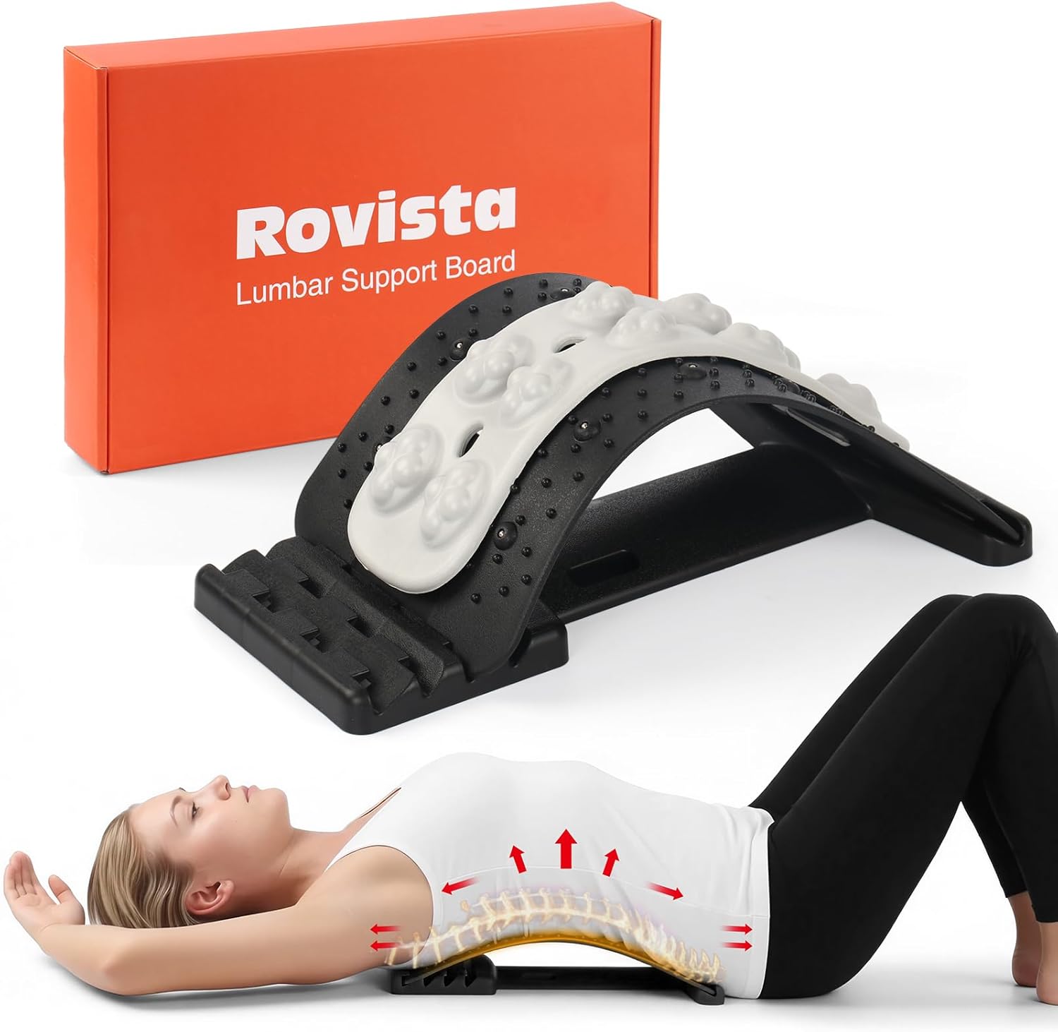 Premium Back Stretcher for Lower Back Pain Relief – 4-Level Adjustable Lumbar Support Board with Soft EVA Massage Strip – Durable & Portable Back Cracker to Release Tension and Reset Your Day (Black)