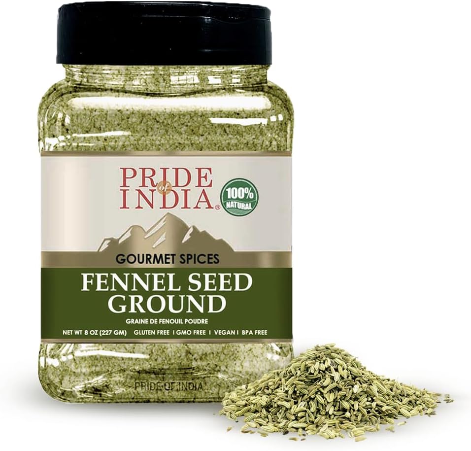 Pride Of India – Fennel Seed Ground – Natural & Gourmet Spice – Perfect Addition to Tea/Drinks/ Roast/Rubs/Bakes/ - Cooling Properties – Easy to Store – 8 oz. Medium Dual Sifter Jar