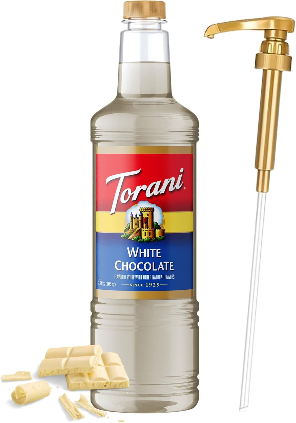 Torani White Chocolate Syrup 1 Liter Bottle with Pump – Premium Coffee Flavoring with Natural Ingredients for Lattes, Mochas, Desserts, Cocktails & Baking – Café-Style Sweetener for Home Baristas