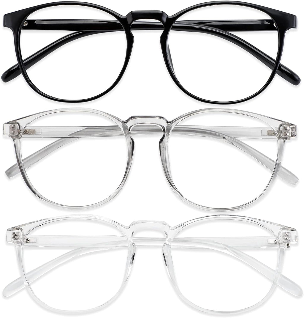 Przene 3 Pack Blue Light Blocking Glasses Women/Men,Retro Round Computer Glasses Anti Eye Strain/UV/Glare, Gaming Glasses. (Black/Crystal/Grey)