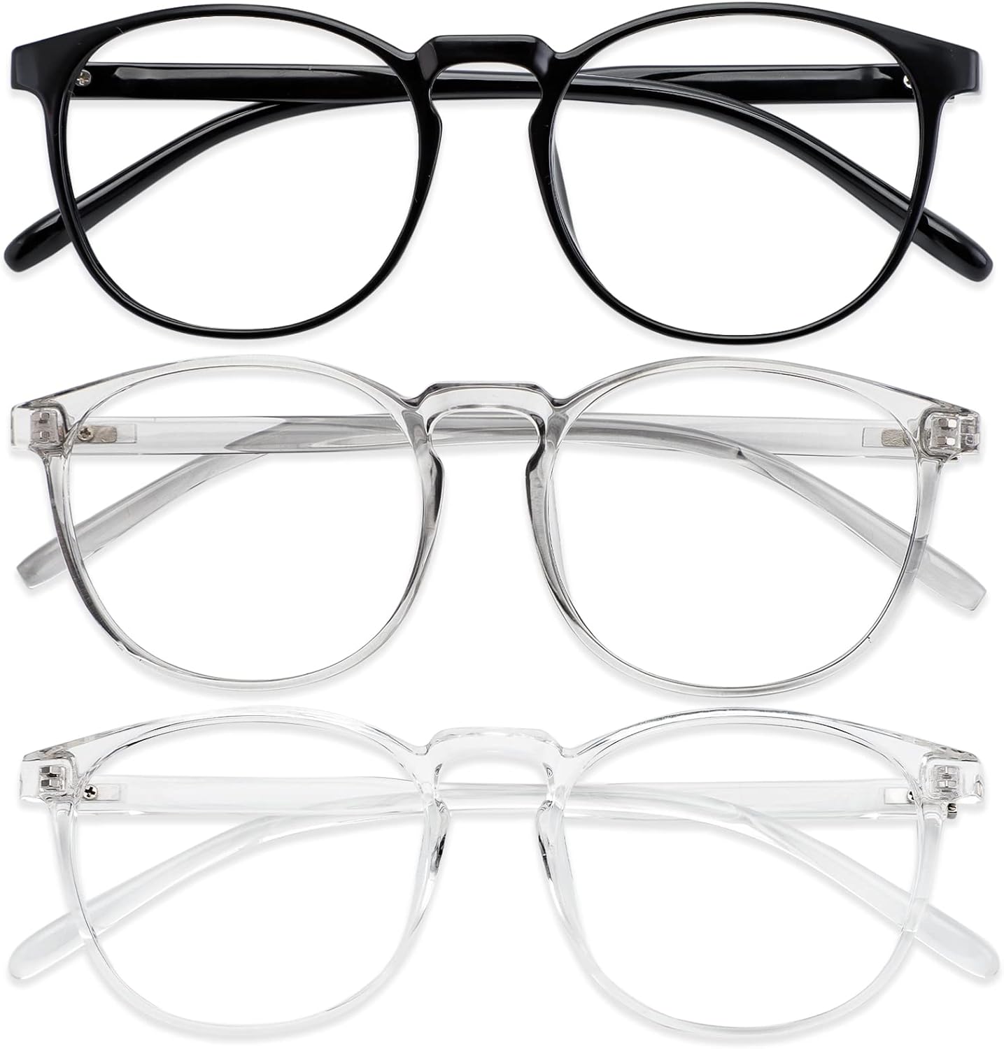 Przene 3 Pack Blue Light Blocking Glasses Women/Men,Retro Round Computer Glasses Anti Eye Strain/UV/Glare, Gaming Glasses. (Black/Crystal/Grey)