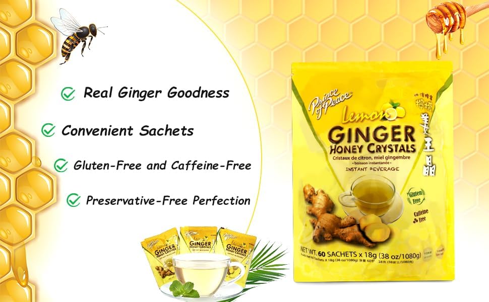 Prince of Peace Instant Ginger Honey Crystals with Lemon, 60 Sachets – Instant Hot or Cold Beverage – Easy to Brew – Drink Like a Tea – Caffeine and Gluten Free – Real Ginger