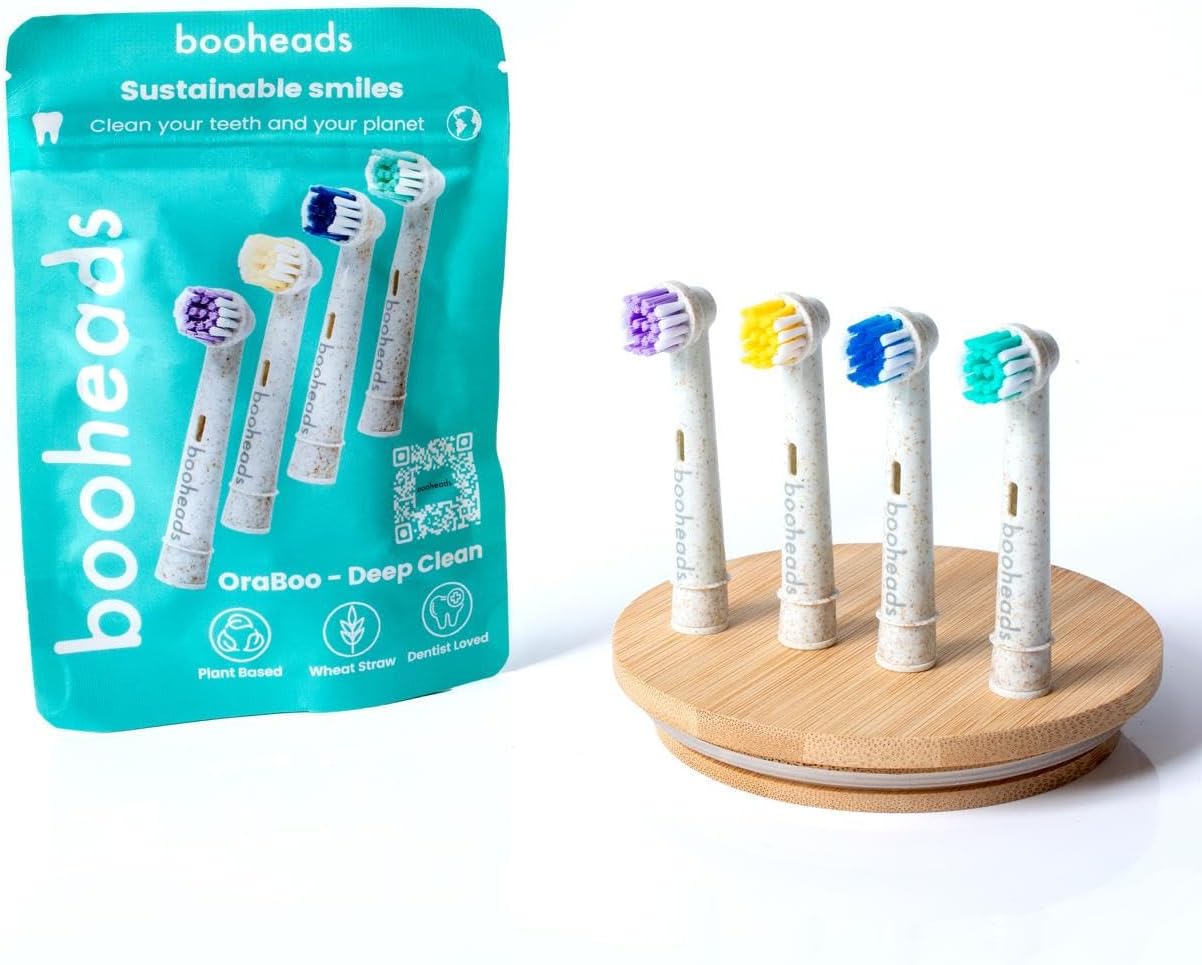 Booheads Oraboo Wheat Straw Plant-Based Electric Toothbrush Replacement Heads – Compatible with Oral-B Electric Toothbrush – Eco-Friendly Natural Bristle, BPA-Free Adult Replacement, 4 Pack