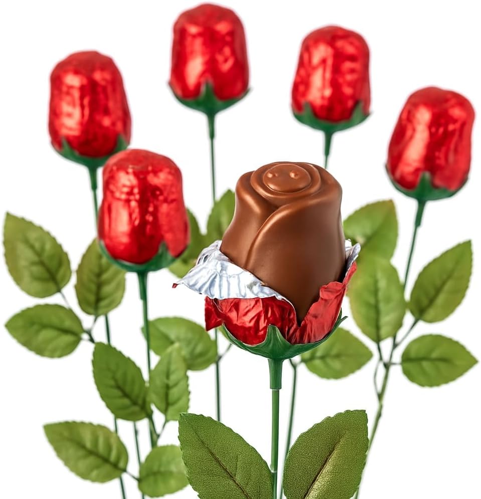 12-Pack Chocolate Roses – Individually Wrapped Red Foil Bouquet Candy for Valentine’s Day, Candy Bouquets, Graduation, Mother’s Day & More – Edible Chocolate Rose Gift (12 Roses Classic)