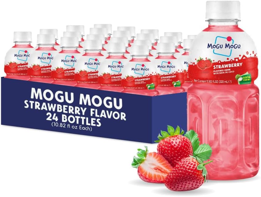 Mogu Mogu Strawberry Juice with Nata de Coco (Coconut Jelly) – Fun & Chewy Juice Drink, 24-Bottle Carton Pack, 10.82 fl oz Each