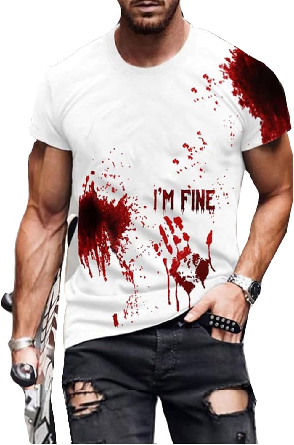 I'm Fine Blood Shirt Men Funny Halloween Bloody Horror Tshirts Blood Splatter Stain Casual Tee Scary Movie Tops