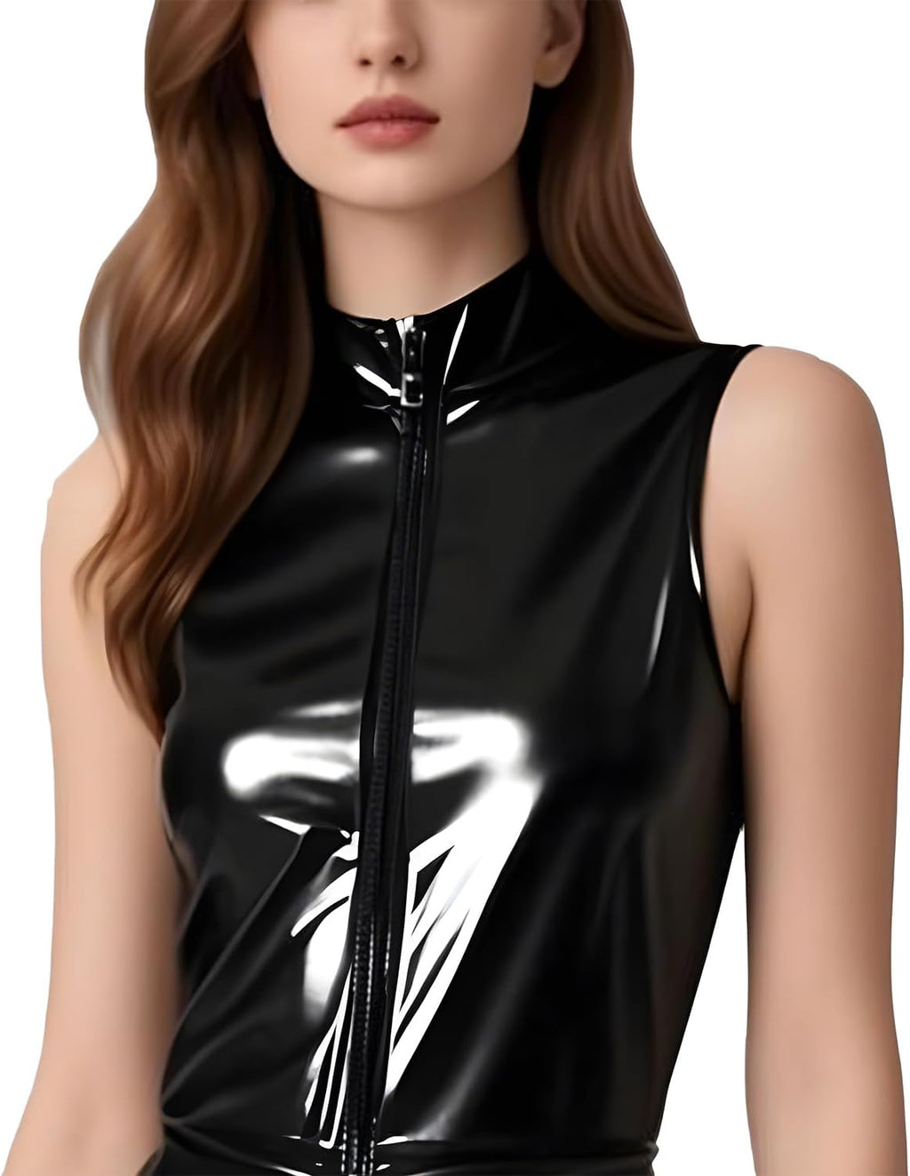 Sleeveless Latex Tops for Women,Black Latex T-Shirts with Front Zipper,Handmade Rubber Blouses